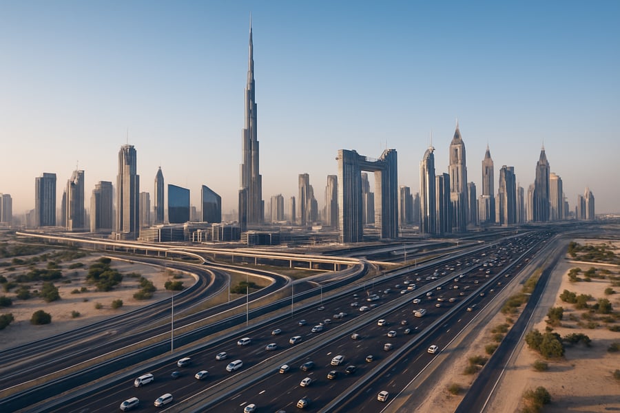 Dubai skyline and major toll road